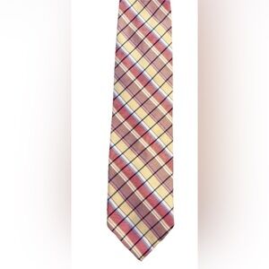 Paul Stuart Silk Plaid Tie Made in France Yellow Burgundy Blue